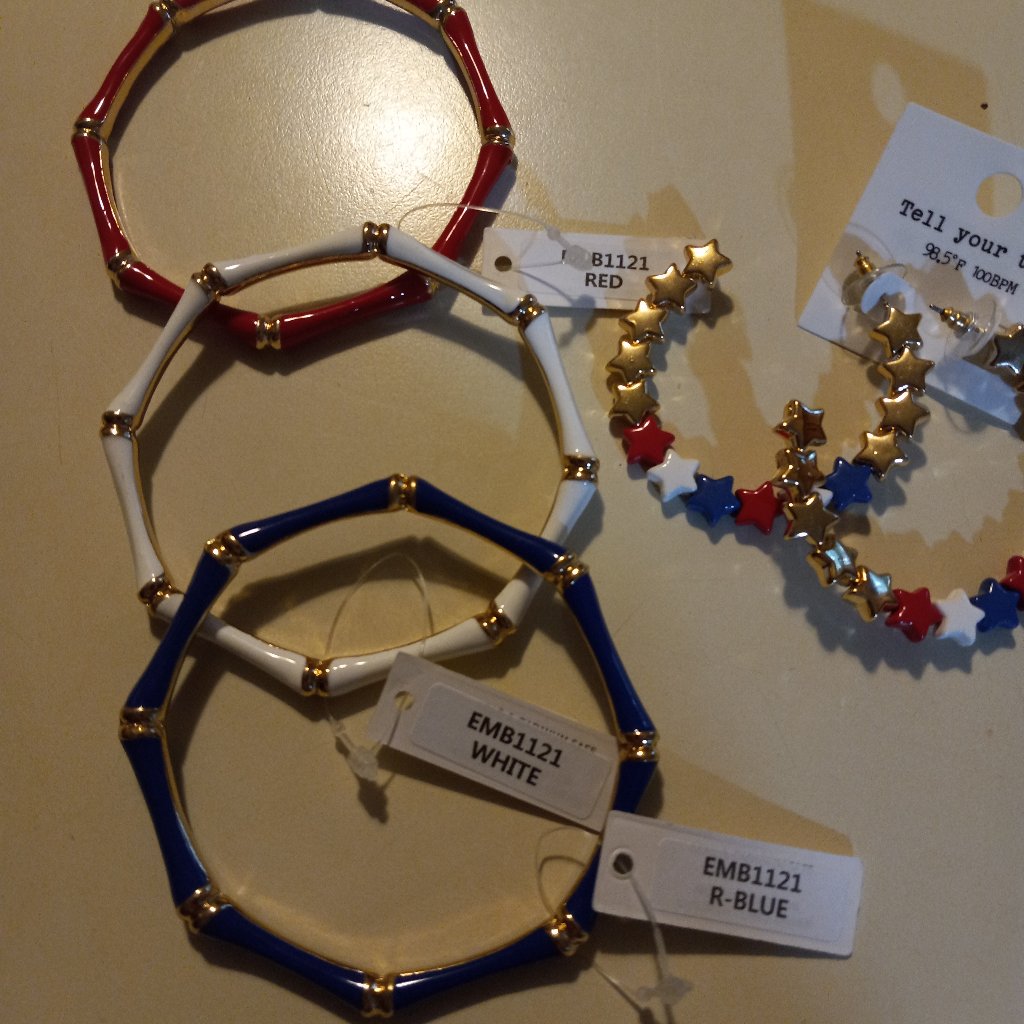 3 Enamel Bangle Bracelets & Star Hoop Earrings In Red, White, & Blue